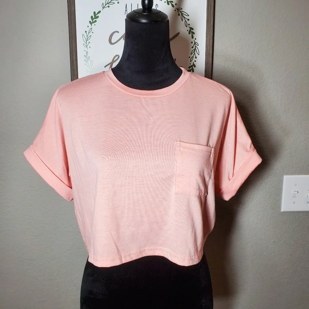 SHEIN Batwing Sleeve Pocket Patched Crop Tee Coral Pink Size Medium NWOT - Picture 11 of 16
